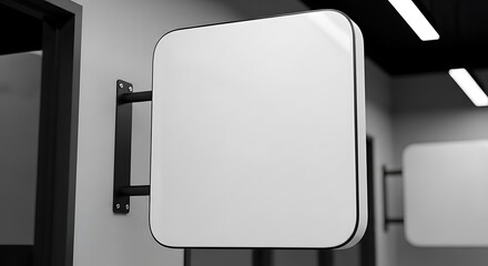A blank, square sign hangs on a wall with a rounded edge, perfect for advertising, mounted on a black metal bracket. Another in the distance