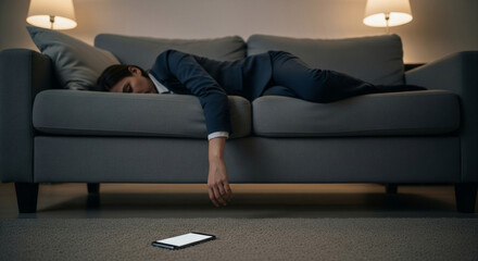 An overworked woman in a suit collapses on the sofa and falls asleep, with her smartphone lying on the floor