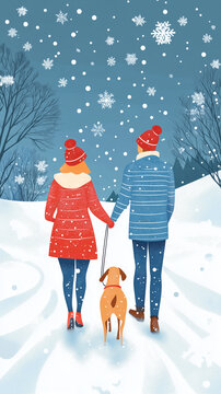 Couple walking their dog in the snowy winter landscape  