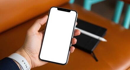 A hand holds a modern smartphone with a blank white screen, poised above a notebook and stylus, set against a blurred background of a stylish interior