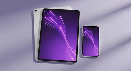 A sleek, modern composition showcasing a tablet, a smaller tablet, and a phone, all with glowing, abstract purple light