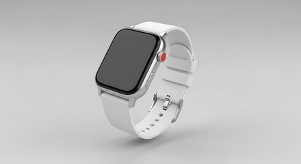 A sleek, modern smartwatch in a light gray setting, showcasing a white band and silver bezel. Includes a side button and buckle