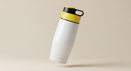 A sleek, modern insulated water bottle in a minimalist style, featuring a yellow cap and handle against a neutral backdrop, slightly angled
