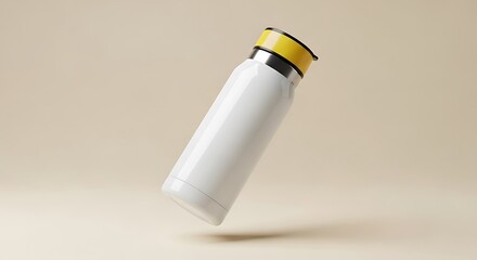 A sleek, modern, stainless steel insulated bottle with a contrasting yellow top, set against a neutral, warm background