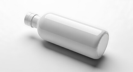 A sleek, pristine white cylindrical bottle with a screw-on cap. The object is angled, casting a subtle shadow on the white background
