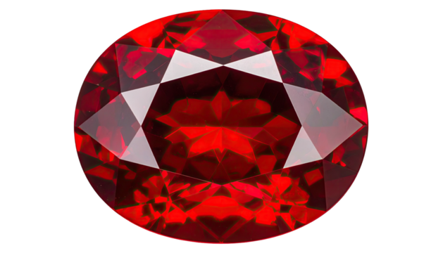 Faceted red gemstone shines against a stark black background