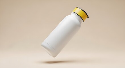 A white insulated bottle with a yellow and black lid hovers diagonally against a soft beige background, showcasing its sleek design