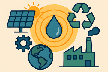 Obraz premium Sustainability Elements: Illustration showcasing solar panels, recycling symbol, factory, water droplet, and gear, representing various elements of sustainability.