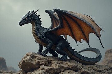 Majestic black dragon perches atop rocky terrain, its powerful wings spread wide against a misty backdrop.