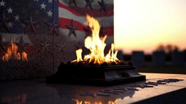 Eternal flame memorial at sunset, honoring fallen soldiers and symbolizing remembrance, patriotism, and sacrifice at a national cemetery, with American flag details