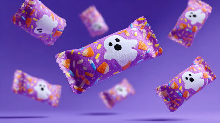 "Floating Halloween candy with ghost face design," "Orange spooky candy wrapped with ghost pattern," "Festive Halloween treat against orange background"