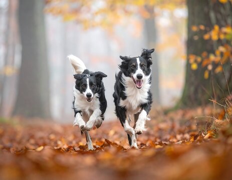 Two border collies running through autumn leaves - Powered by Adobe