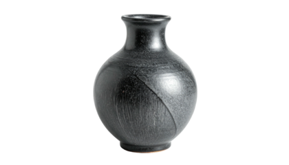 Grey bulbous vase with narrow neck, small foot on a dark background