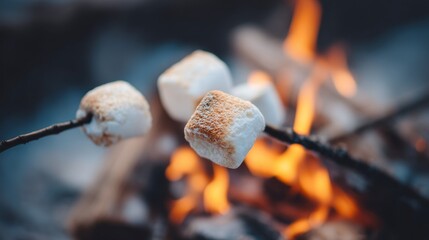 Under a star-filled night sky, friends enjoy a cozy winter bonfire, roasting marshmallows on sticks. Laughter fills the air as golden flames dance, creating a warm atmosphere