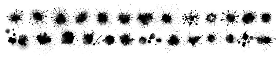 Set of blots. Black spots of paint on a white background. Grunge frame of paint. Hand drawn. Not AI, vector illustration.