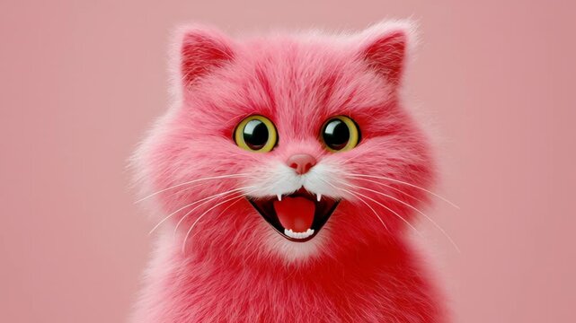 Playful pink cat with large expressive eyes and fluffy fur, showcasing a joyful expression, as the camera smoothly zooms in to capture the delightful features and vibrant colors of this charming chara