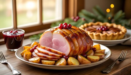 Homemade Christmas Ham Dinner with Potatoes Cranberry and Pecan Pie