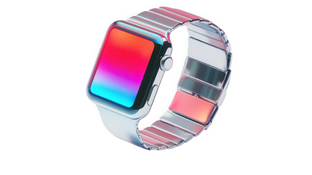 Modern smartwatch with a vibrant colorful screen and a sleek metal band design on transparent background