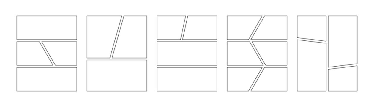 Comic book panels set. Manga collage blank template. Storyboard layout panel. Empty page line frame for photo collage. Comic book board mockup. Vector illustration isolated on white background.