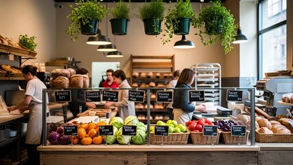 A bustling bakery and grocery store with fresh produce and baked goods on display, featuring customers and staff in a vibrant retail environment.