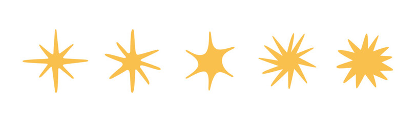Yellow hand drawn glitter twinkle star icons. Doodle shine star burst sign. Sketch magic blink set. Doodle spark shape icon design element. Vector illustration on white background.