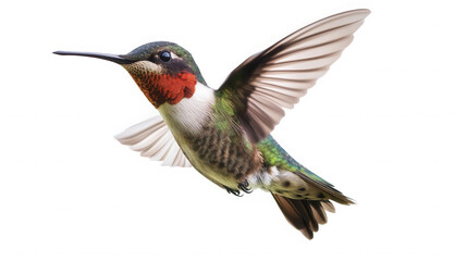 Fototapeta premium Ruby throated hummingbird in flight with wings spread against black backdrop on transparent background