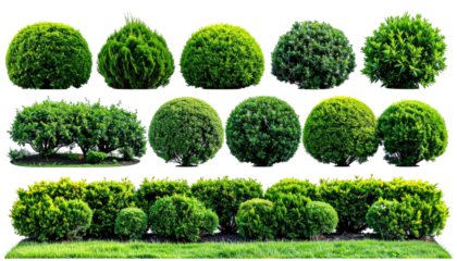 Many green trimmed bushes on grass. Isolated on a black area
