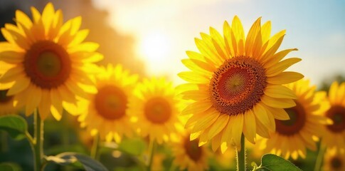 Vibrant sunflowers bathed in golden sunlight, their faces turned towards the sun, creating a cheerful and radiant scene Perfect for summer, happiness, and nature themes , sunflowers, nature, optimism