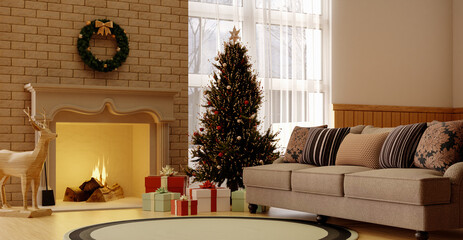 Cozy Christmas living room with decorations and warm lighting. 3D render illustration