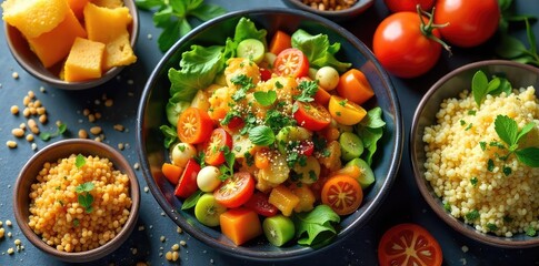 A vibrant and colorful spread of vegetarian dishes, including roasted vegetables, fresh salad, and hearty grains Perfect for a healthy and delicious meal , vegetable, diet