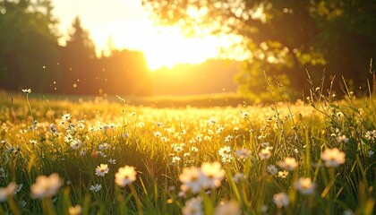 Golden Hour Sunlight Illuminates a Field of White Wildflowers with Green Trees in the Background and Lens Flare Effect