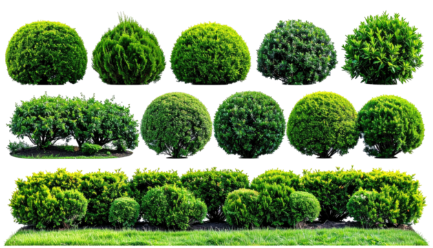 Many green trimmed bushes on grass. Isolated on a black area