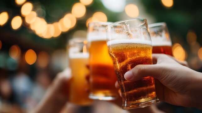A group of diverse friends raises their glasses in a toast, enjoying drinks together in a vibrant outdoor venue filled with string lights, laughter, and camaraderie