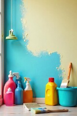 A paintbrush rests on a half-finished painted wall, surrounded by cleaning supplies; a scene of home improvement and domestic tasks blending seamlessly , gloves, fresh, room
