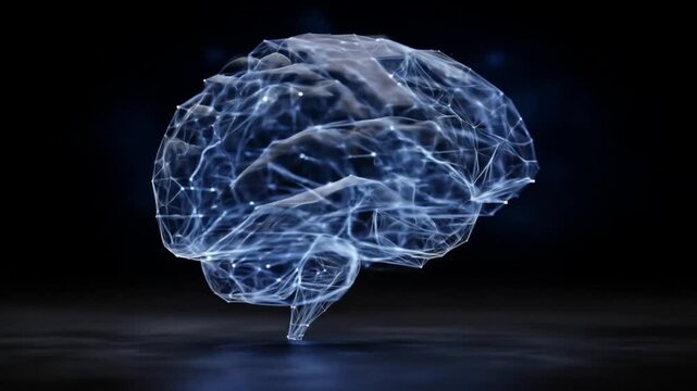 A glowing blue neural-brain sculpture of interconnected light threads against a dark moody backdrop