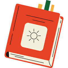 Orange Open Book With Cream Colored Pages Featuring A Stylized Sun Symbol and Yellow Green Blue Bookmarks