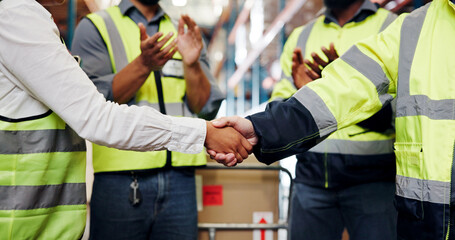 Business people, handshake and logistics with applause for supply chain partnership or...