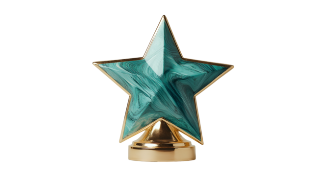 A green and gold star shaped trophy on a black background in a studio setting with soft lighting