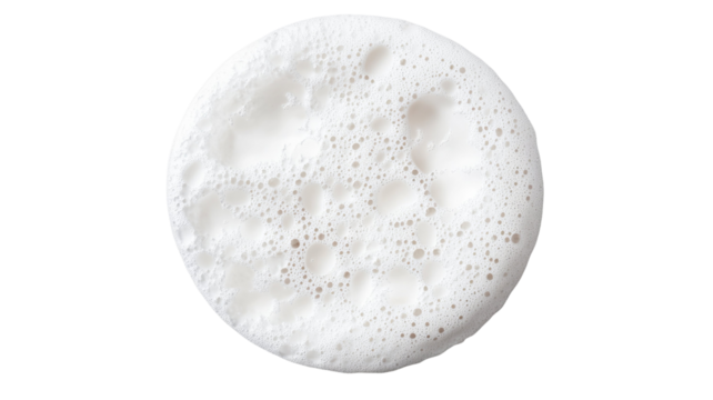 White soap foam in round shape with soft bubbles and clean texture showing hygiene and skincare detail isolated on white background