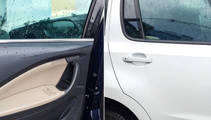 Two car doors open, one dark, one light