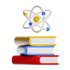 Books supporting atom model symbolizing science education