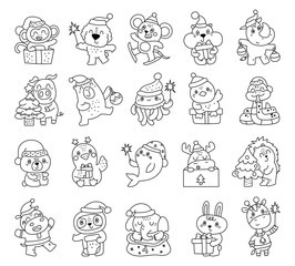 Naklejka premium Christmas animal character set in outline line art showing cute emotions and poses with festive accessories perfect for winter celebration decoration holiday projects and cheerful designs