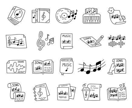 Music set in outline line art showing book, record, sheet, and creative objects for studying melody, writing song, learning exploring sound composition in education projects