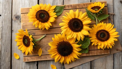 Obraz premium sunflowers on wooden board,sunflower, flower, nature, yellow, sun, isolated, white, plant, summer, agriculture, petal, garden, flora, single, beauty, color, sunny, field, blossom, sunflowers, bloom, 
