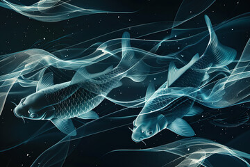 Obraz premium Concept of Pisces zodiac sign symbol, abstract vivid composition consists of fictional unreal fantastic vision on background