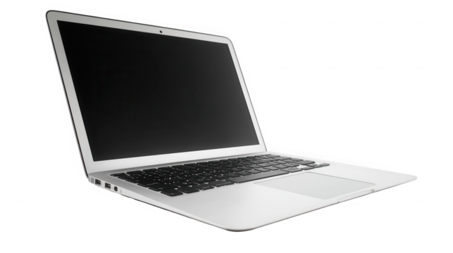 Sleek silver laptop displaying a blank screen on a modern on transparent background