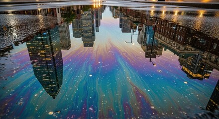 Reflection of buildings in a puddle with a rainbow-like pattern.