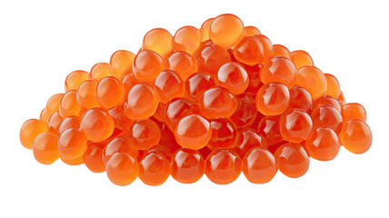 Red caviar with glossy texture and bright orange fish eggs showing luxury seafood delicacy and gourmet ingredient isolated on white background