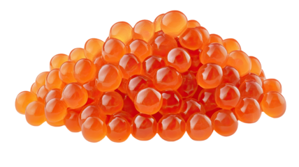Red caviar with glossy texture and bright orange fish eggs showing luxury seafood delicacy and gourmet ingredient isolated on white background