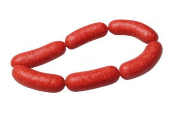 Raw red sausages forming a circle, linked meat product, fresh pork bratwurst for cooking or grilling, transparent background